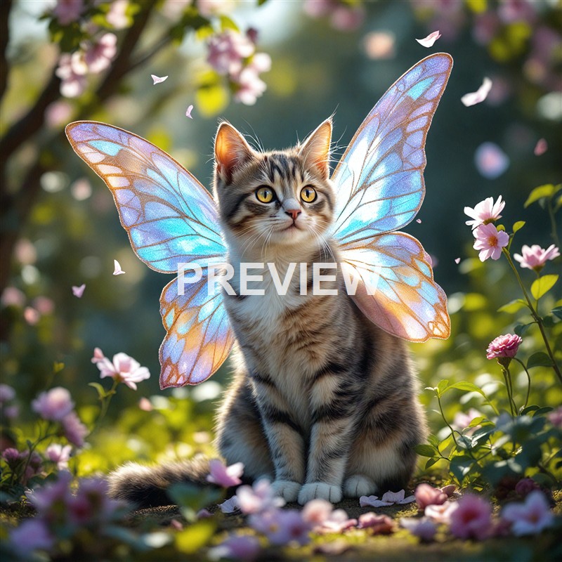 A cute tabby kitten with iridescent butterfly wings sitting among pink flowers in a lush garden setting.